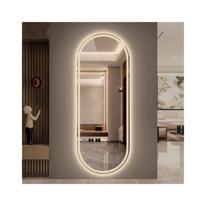 Sandgestrahlter ovaler Spiegel mit warmer LED-Beleuchtung – 60 x 150 cm | Holz und ovales Glas